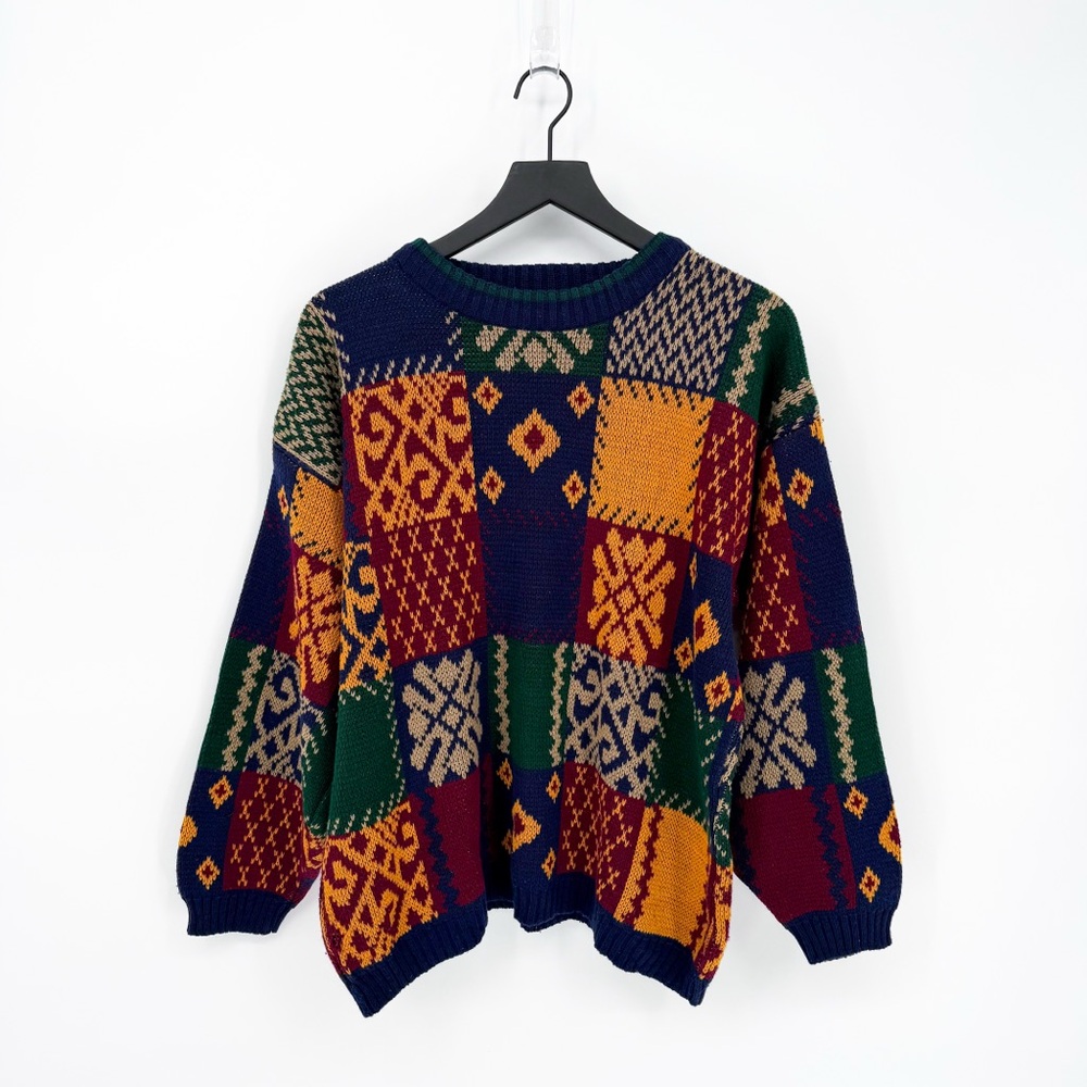 Vintage 90s Margules Patchwork Grandpa Sweater Multicolor Knit Small